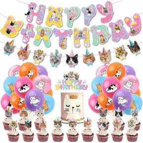 Cat Birthday Party Decoration Set, Cute Cat Party Supplies for Kids Who Love Meowing Cats, Cat-Themed Party Gift Decoration Set