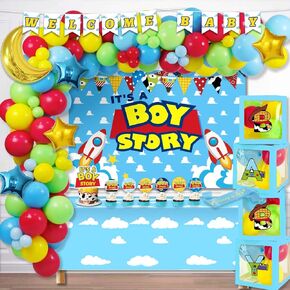 Cartoon Toy Baby Shower Decorations, It’s A Boy Toy Themed Story Decorations for Boy Backdrop Balloon Garland Banner Box Cutout Tablecloth Cake Cupcake Topper, Blue