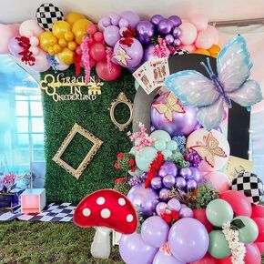159Pcs Wonderland Balloon Arch Garland Kit with Pink, Yellow, Green, Purple, Butterfly, Mushroom, Checkered Foil Balloons, for Fairy 1st Birthday, Baby Shower, Tea Party, Onederland Birthday