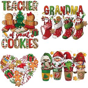 4Sheets Cute Christmas Iron on Transfers Decals,Christmas Tree Patches on Clothes,Cartoon Santa Claus Gnome Iron on Cookie Man Design Heat Transfer Stickers for T-Shirts Clothing DIY New Year Decor