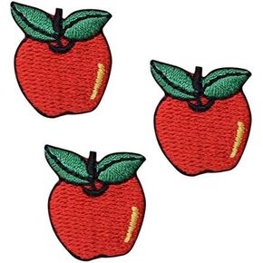 (Set of 3) Small 1 Inch - Red Apple - Green Leaf - Embroidered Iron on Patch
