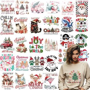 30pcs Christmas Iron on Transfers Decal Transfer Heat Transfer Design Sticker Iron on Transfer Paper for Clothes Hats DIY Craft