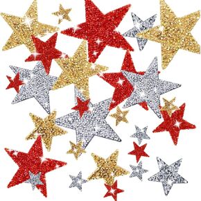 27 Pieces Rhinestone Star Patches for DIY, 4 Sizes Iron On Adhesive Glitter Star Appliques for Clothing Repair and Decoration (Gold, Silver, Red, Mixed Size)