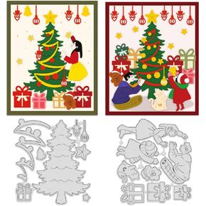 INFUNLY 2PCS Christmas Metal Die Cuts for Card Making: Family Decor, Cat Dog, Xmas Tree, Background, Embossing Stencils for DIY Scrapbooking Album Paper Decor