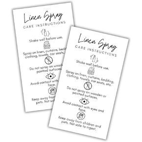 Linen Spray Care Instruction Cards 50pk 2x3.5" Bed Pillow Spritz Label Warning Ingredients Tags DIY Packaging Fragrance Bottle Mist Bulk