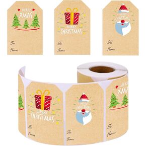 300 Pcs 2" x 3" Christmas Gift Tags StickersName Labels Sticker Tags Brown Kraft Holiday Presents Stickers 3 Pattern Stickers Labels Suitable for Christmas Gift Holiday Gift Packaging Stickers(Multi)