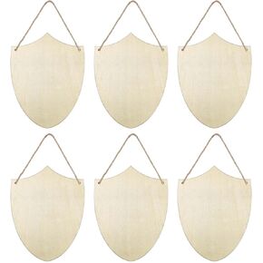 6pcs Wooden Shield Shapes Wood Sign Blank Hanging Wooden Plaque Unfinished Wood Cutouts DIY Craft Project Ornaments for Father's Day Halloween Christmas Decoration