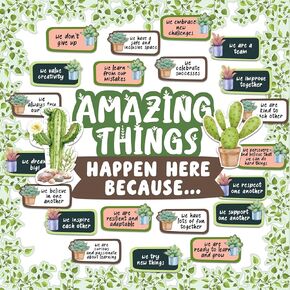 Decorably 53 Pcs Cactus Bulletin Board Decorations Set with Borders - Cactus Classroom Decor, Succulent Classroom Decor, Succulent Bulletin Board Decorations, Cactus Themed Classroom Decor