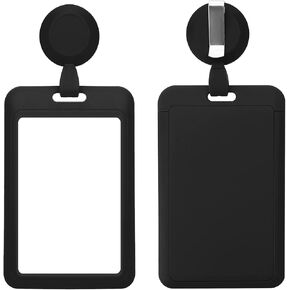 Bewudy 2 Set Heavy Duty Badge Holders with Retractable Badge Reel Clips, ID Name Tag Work Badge Clip Vertical Card Protector Cover Case for Office Nurse Medical Student Teacher Women Men (Black)