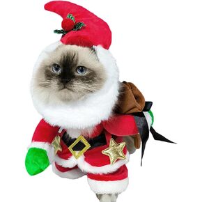 SEIS Santa Claus Cat Standing Costume and Hat Christmas Pet Clothes Xmas Dogs Winter Hoodie Warm Cats Vest Doggie Outfits for Christmas Spring Festival New Year (M (Chest Circumference 9.8-29.5in))