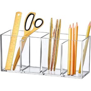 Amazing Abby - Penny - Acrylic 4-Compartment Pen Holder, Clear Plastic Organizer for Office Supplies, Perfect Office Desktop Storage Solution for Pencils, Pens, Markers, Scissors, and More