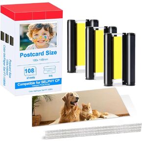 Compatible for Selphy KP-108IN KP108 3-Pack Color Ink Cartridges and 108 Sheets Paper Compatible for Canon Selphy CP1200 CP1000 CP910 CP900 CP810 Printer
