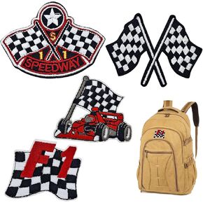 4 Pack Checkered Racing Flag Patches, Flag Embroidery Iron on Patches Auto Car Racing Applique Jean Jacket Biker Motorcycle Winner Sponsored