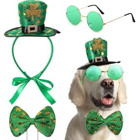 Yaomiao 3 Pcs St Patrick's Day Dog Costume, St. Patty's Day Doggie Headband Green Round PET Sunglasses and Green Shamrock Bow Tie Set for Medium Large Dogs(Hat Style)