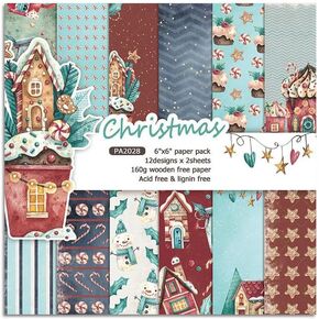 Syntego 24 Sheets, 12 Designs Artistic Christmas Decorative Acid Free Scrapbook Paper Set 160gsm,Single Sided 15.2cm x 15.2cm (6in x 6in)