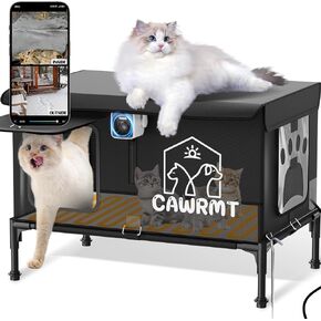 Heated Cat House for Outside, with Camera, Outdoor Cat House Weatherproof Insulated, Feral Cat House Winter Stray Cat Shelter Waterproof (Black, Large)