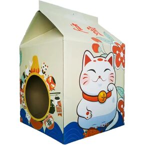 Cardboard Cat House with Scratchboard (21.6''x13''x13'') Cat Playhouse and Home Decor Cat Condo, Bed, Toys, Cat Izakaya Bar Scratchboard House for Outdoor/Indoor Cats Easy to Assemble