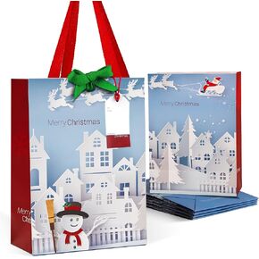 TAGGRA 6 Pack Christmas Premium Paper Gift Bags 11 x 8 x 4.25 in with Ribbon Bow Closure and Gift Tag – Perfect for Christmas Holiday Party, Gift Exchange, Goodies Bag, Party Favors. (Santa Flying