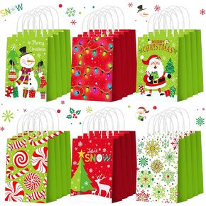 Dispowreath 24 Pcs Christmas Party Favors Bags Paper Christmas Goodie Bag Winter Xmas Tree Snowman Snowflake Gnome Candy Treat Bag with Handles for Christmas Party Decoration Supplies(Blue)