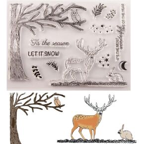 Christmas Elk Clear Stamps for Card Making or Journaling, Tis The Season Deer Tree Owl Rubber Stamps for Journals Album Scrapbooking Paper Crafts Decoratiion