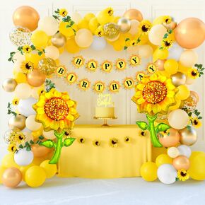 TUPARKA Sunflower Birthday Party Decorations Kit Sunflower Banner Yellow Balloon Arch Sunflower Vine Sunflower Heads Table Covers Cake Toppers 146 Pack Sunflower Party Supplies for Baby Shower Décor