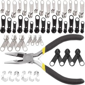 Keadic 85Pcs #3#5#8 Zipper Repair Kits with Installation Pliers, 15Pcs Bottom Stoppers, 39Pcs Metal Zipper & 30Pcs U Shape Top Stops for Jackets Coats Bags Backpack Tents