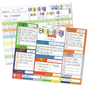 Earn & Learn Kids Money Management Chore Chart Pad | Dry Erase Board Savings Tracker | Teaching Kids How to Earn, Save, Share and Spend