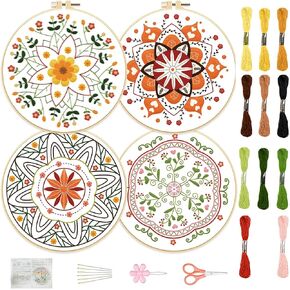 FREEBLOSS 4 Set 8'' Embroidery Kit for Beginners Mandala Pattern Embroidery Kit with Instructions Full Kit of Embroidery Cloth 2 Embroidery Hoops 11 Colors Flosses