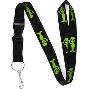Alien w/Middle Finger Lanyard Keychain and ID Holder with Detachable, Breakaway Buckle for Keys or Badge - Durable Black Polyester - Funny Space Novelty Necklace