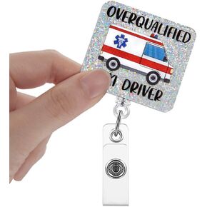 Overqualified Taxi Driver Badge Reels Retractable Glitter with Clip, Funny Ambulance Badge Holder for First Responder Quick Responder Paramedic Healthcare, Ambulance Driver Gifts for EMT