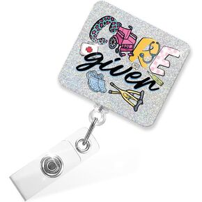 Care Giver Retractable Glitter Badge Reel with Alligator Clip, Funny Badge Holder Gifts for Support Worker Home Healthcare Nurse, Care Giver Appreciation Gifts, Caregiver Thank You Gifts