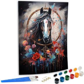 SKRYUIE Paint by Numbers Kit for Adults Beginner Horse, Acrylic Dreamcatcher Oil Painting by Numbers Kits with PaintBrushes Paintwork Art Crafts Canvas for Home Decor 16x20 inch 02