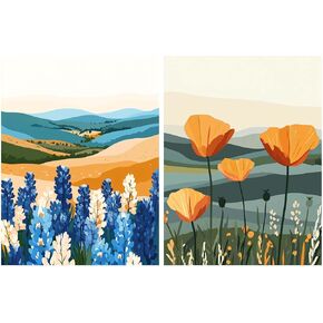 Ginfonr Framed Paint by Numbers Kit for Adults, Scenery Acrylic Paint by Numbers on Canvas, Flowers Oil Painting with Brushes, Adults Paint-by-Number Kits for Home Wall Decor (2PCS 8x12inch)