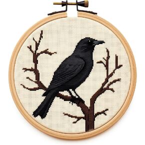 Generic Cartoon Simple Black Crow Raven DIY Stamped Cross Stitch Kits Easy for Beginners Children with Hoop 11CT Needlepoint Counted Embroidery Kits Art Craft Wall Decoration 14x14inch(4)