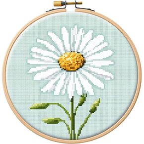 Generic Cartoon Simple White Daisy Flower DIY 11CT Stamped Cross Stitch Kits Easy for Beginners Children with Hoop Needlepoint Counted Embroidery Kits Art Craft Wall Decoration 14x14inch(18)