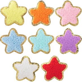 PAGOW 8pcs Self Adhesive Star Patches, Chenille Patches with Sequin Gold Edges, Sewing Embroidered Applique, Star Patch Stickers for Fabric Clothes Hats Jackets - Black&White (2.36x2.36 inch)