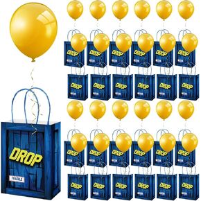 24 Set Game Party Military Supply Loot Drop Box Party Favors with Yellow Balloon and Ribbon Battle Gifts Bags for Gamers Gaming Themed Birthday Party Supply