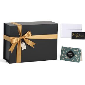 Black Gift Boxes with Lids, 11x8x4 Inches Gift Box with Ribbon, Collapsible Gift Boxes with Magnetic Closure for Presents, Bridesmaid Proposal Box Contains Gift Card Ribbon Tag