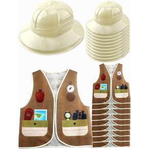 20 Pcs Kids Explorer Costume Set Includes 10 Pcs Explorer Vests and 10 Pcs Explorer Helmets for Boys Girls Halloween Dress up Jungle Party Role Play