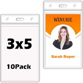 10 Pack Vinyl ID Badge Holders (Fit 3x5 inch Inserts), Waterproof, Clear Plastic, Premium Quality, Heavy-Duty, Vertical Hanging Card Holder with Zipper, Durable Nametag Holders