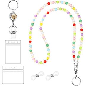 Teacher Lanyard with ID Holder Colorful Beaded Badge Lanyard Cute Retractable Lanyards for ID Badges Eyeglass Chains for Women