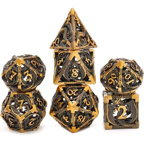 Hollow Metal DND Game Dice Dragon Shape Carved Antique Gold 7Pcs Set for Dungeons and Dragons RPG MTG Table Games D&D Pathfinder Shadowrun and Math Teaching (with Metal Case)
