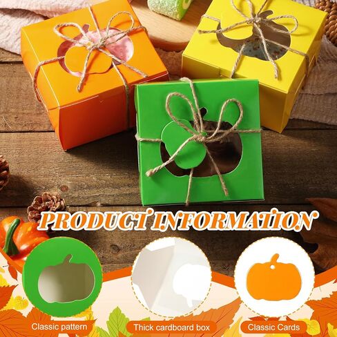 Watersay 24 Pcs Thanksgiving Treat Boxes with Present Tags, 4 x 4 x 2.5 Inch Fall Treat Boxes with Pumpkin Shaped Window Paper Gift Containers for Autumn Party Favors(Orange, Yellow, Green) in Saudi Arabia