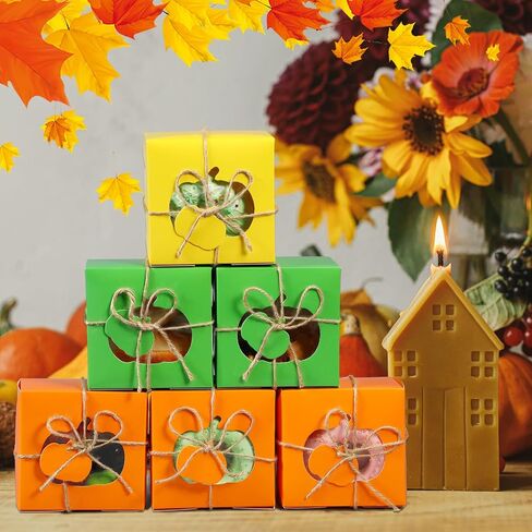 Watersay 24 Pcs Thanksgiving Treat Boxes with Present Tags, 4 x 4 x 2.5 Inch Fall Treat Boxes with Pumpkin Shaped Window Paper Gift Containers for Autumn Party Favors(Orange, Yellow, Green) in Saudi Arabia