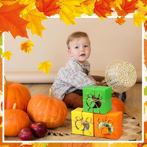 Watersay 24 Pcs Thanksgiving Treat Boxes with Present Tags, 4 x 4 x 2.5 Inch Fall Treat Boxes with Pumpkin Shaped Window Paper Gift Containers for Autumn Party Favors(Orange, Yellow, Green) in Saudi Arabia