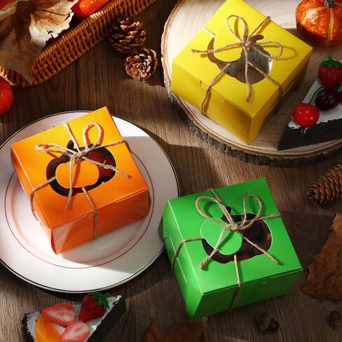 Watersay 24 Pcs Thanksgiving Treat Boxes with Present Tags, 4 x 4 x 2.5 Inch Fall Treat Boxes with Pumpkin Shaped Window Paper Gift Containers for Autumn Party Favors(Orange, Yellow, Green) in Saudi Arabia