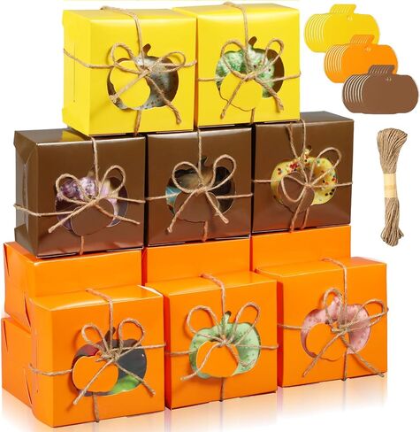 Watersay 24 Pcs Thanksgiving Treat Boxes with Present Tags, 4 x 4 x 2.5 Inch Fall Treat Boxes with Pumpkin Shaped Window Paper Gift Containers for Autumn Party Favors(Orange, Yellow, Green) in Saudi Arabia