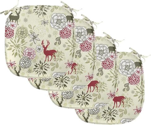 Ambesonne Winter Chair Seating Cushion Set of 4, Deer Silhouettes with Blossoming Flowers Abstract Christmas Nature, Anti-Slip Seat Padding for Kitchen & Patio, 16"x16", Olive Green Pale Green in Saudi Arabia