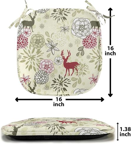 Ambesonne Winter Chair Seating Cushion Set of 4, Deer Silhouettes with Blossoming Flowers Abstract Christmas Nature, Anti-Slip Seat Padding for Kitchen & Patio, 16"x16", Olive Green Pale Green in Saudi Arabia