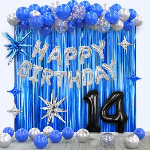 14th Birthday Party Decorations for Boys, Navy Blue Silver Black Happy 14 Birthday Decorations Set with Birthday Backdrop Banner 14 Number Balloons for Him 14 years old. in Saudi Arabia